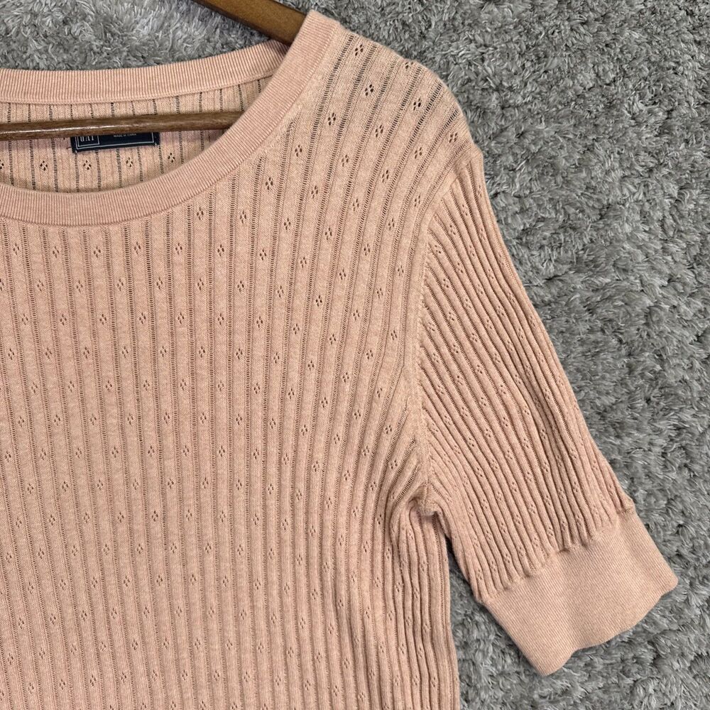 Gap Women’s Short Sleeve Pointelle Knit Sweater Ribbed Large Pastel Peach Pink - Picture 2 of 11